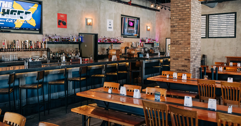 Interior, bar area and tables lined up