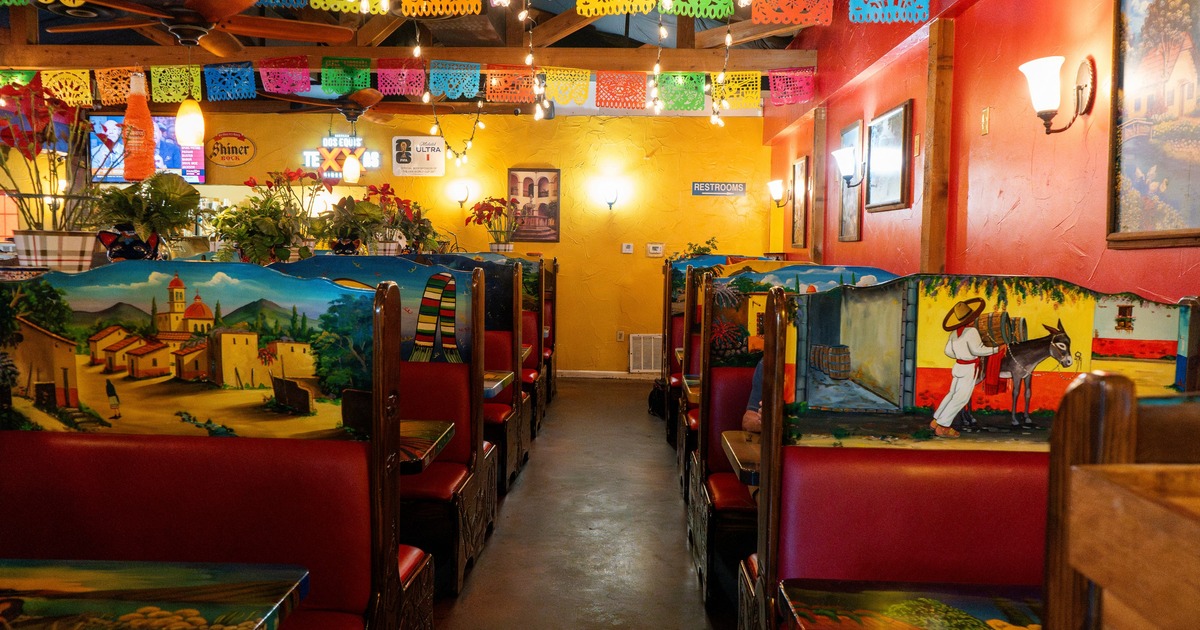 Interior, colorful seating booths
