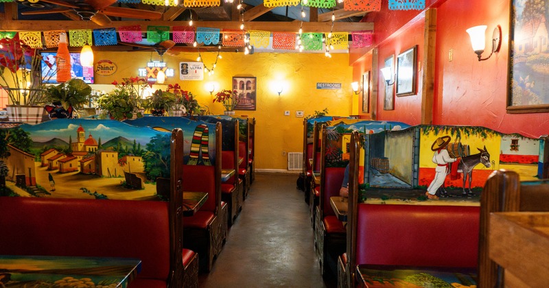 Interior, colorful seating booths