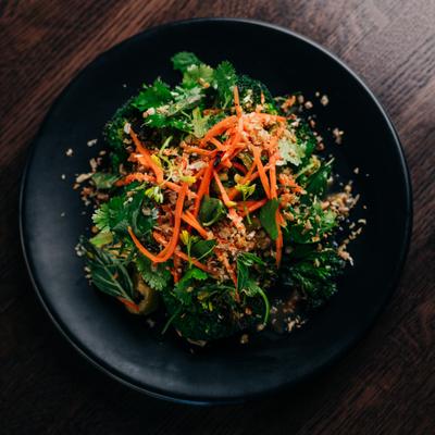 Grilled Broccoli Sesame-Soy Vinaigrette, Cilantro, Thai Basil, Pickled Carrots and Jalapeno, Fried Garlic.