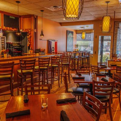 Interior, seating area, and bar.