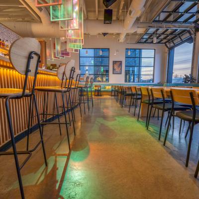 Seating and bar areas.