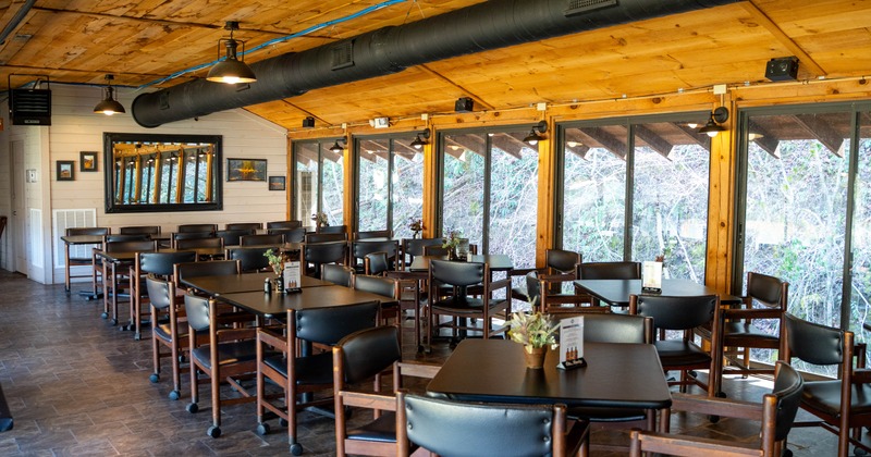 Interior, tables and chairs lined up