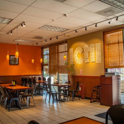 Interior, wide view, dining area.