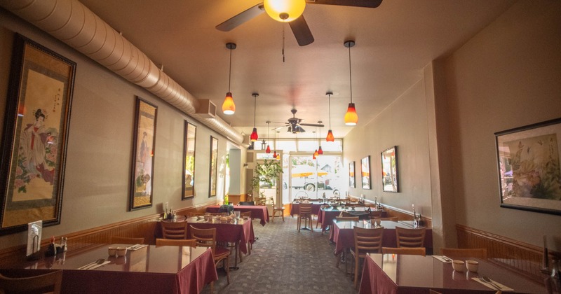Interior seating area with chairs and tables