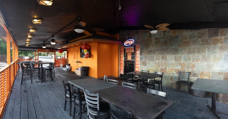 Exterior, covered patio, chairs and tables