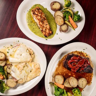 Multiple food plates, top view.
