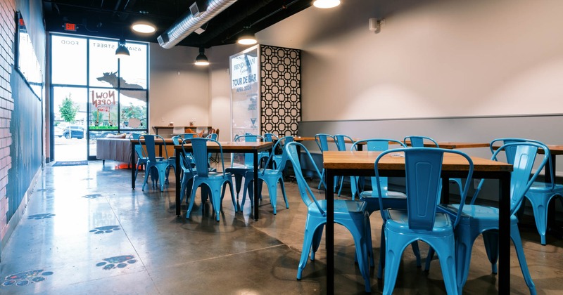 Interior, dining area, restaurant entrance, concrete floor