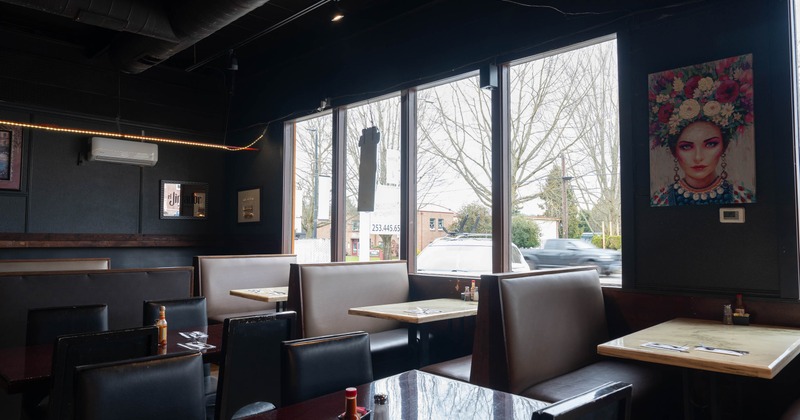 Interior, dining booths near window