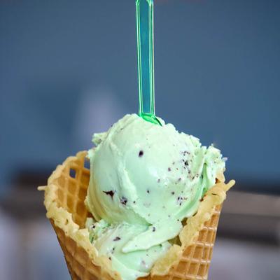 Mint chocolate chip ice cream cone.