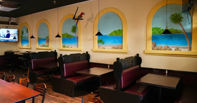 Interior, seating area with booths and tables