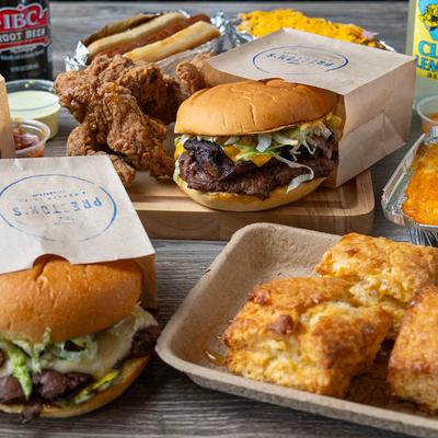 Various comfort food on a table.