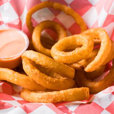 Onion rings and dipping sauce.