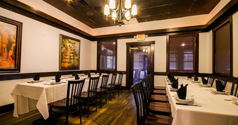 Restaurant interior, private parties room with set dining tables