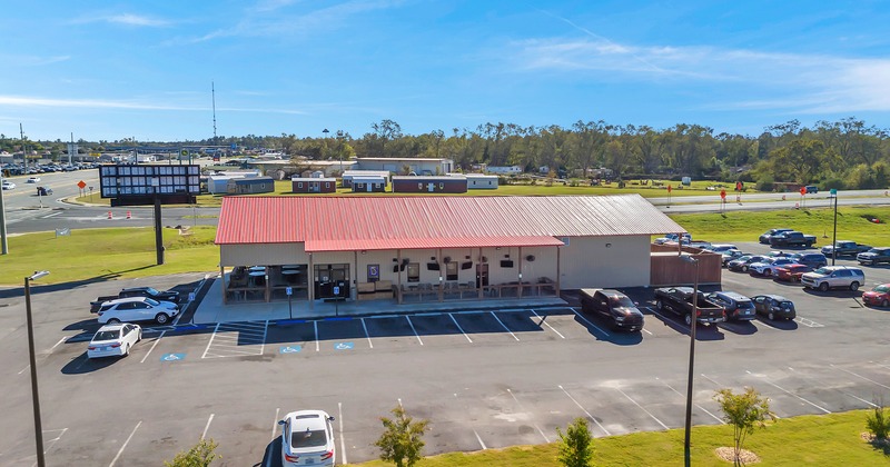 Aerial view to restaurant and parking lot
