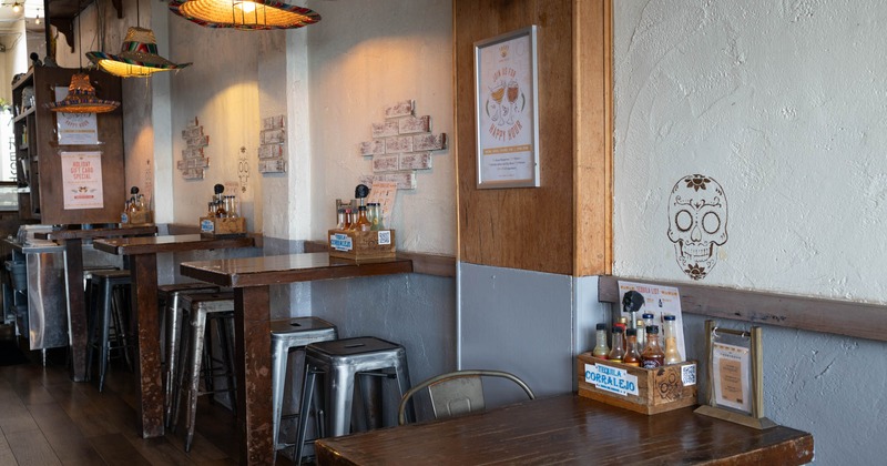 Interior, seating area with high tables