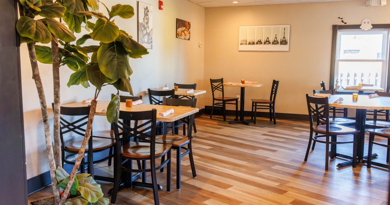 Interior of a restaurant with wooden tables, black chairs, a large potted plant, and framed artwork on the wall