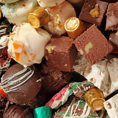 Assortment of chocolate and white chocolate treats.
