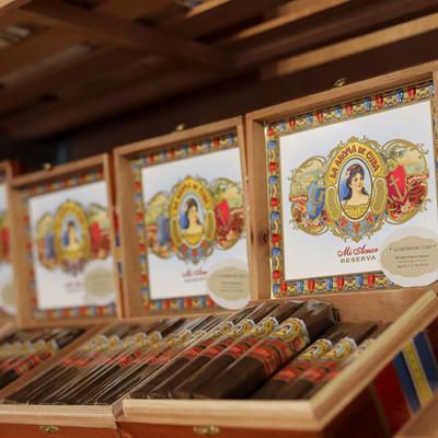 Cigars in boxes on display