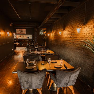 Diner area, tables and chairs.