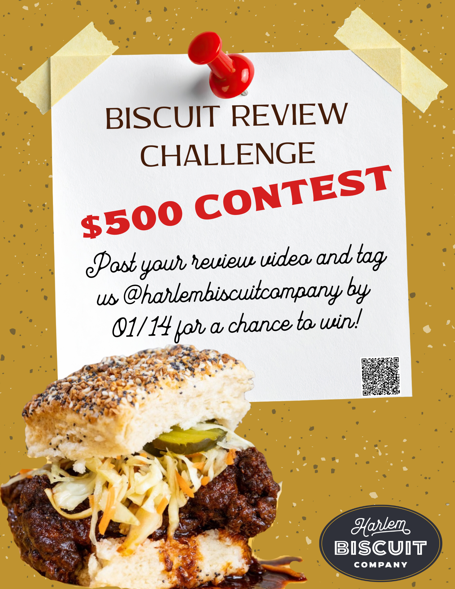 a white square announcing the Harlem Biscuit Company review challenge.