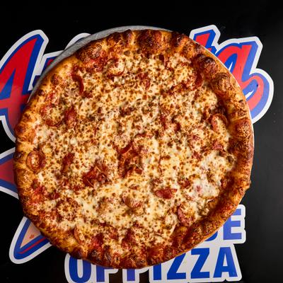 Meat lovers pizza, overhead view.