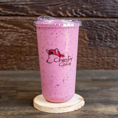 Dragon fruit smoothie in Chiefy Cafe cup.