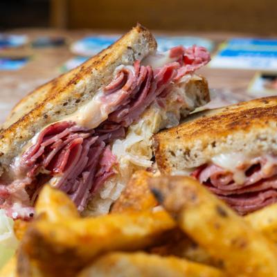 Reuben sandwich, closeup.