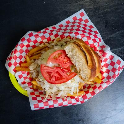 Pittsburgh Style sandwich served with French fries.