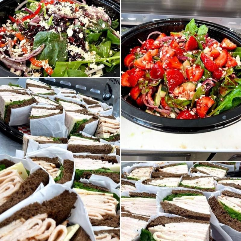 Combination platter with Turkey on Squaw Bread, Refreshing Cucumber Salad, and Mediterranean Salad photo