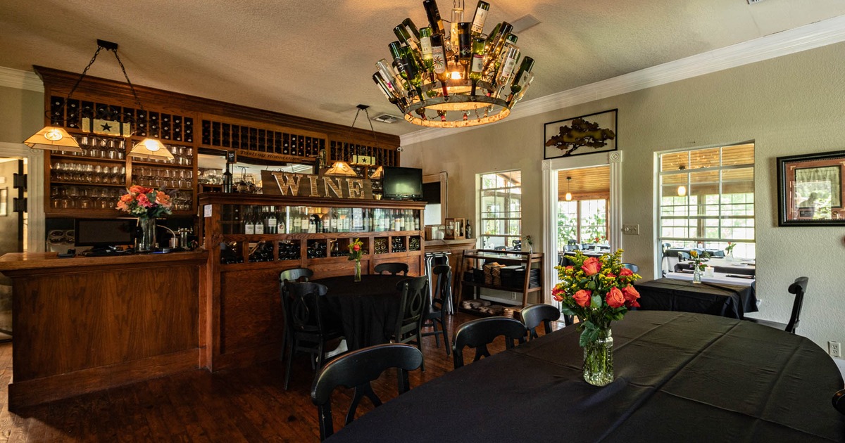 Interior, an elegant room with a wine bar, tables and chairs, wine bottle chandelier