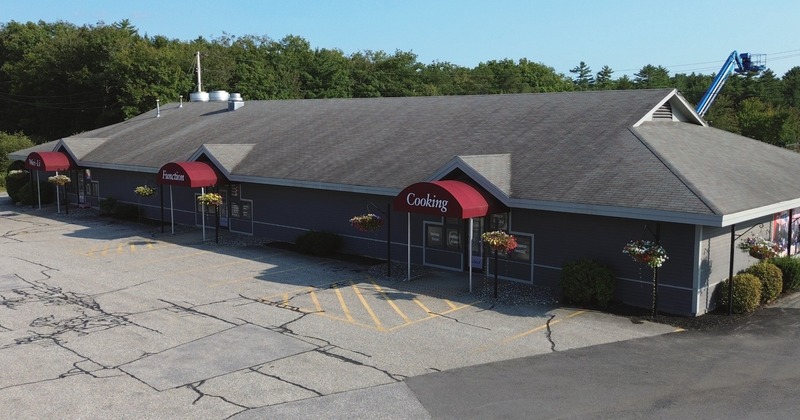 Exterior, aerial view to restaurant and parking lot