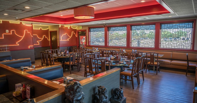 Interior seating area with chairs and tables