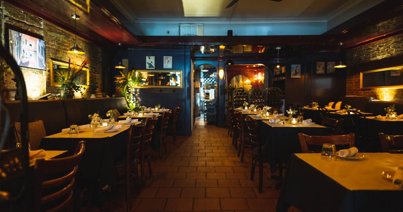 Diner area, tables and chairs, passage between