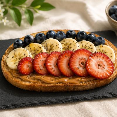 Peanut butter toast with strawberries, blueberries, and bananas.