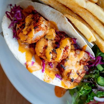 Cajun Shrimp Taco, fries and a side salad.
