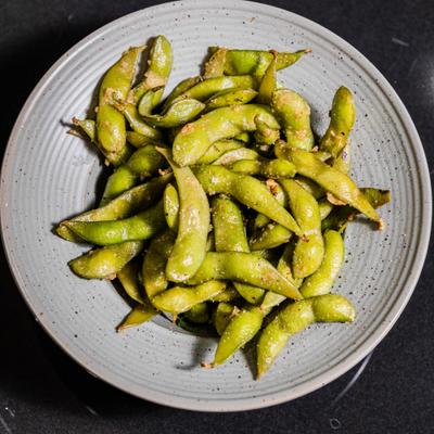 Serving of Garlic Edamame.