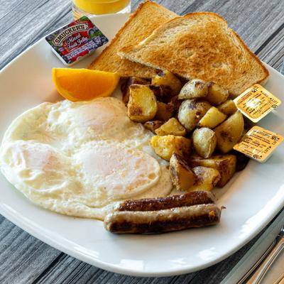 Eggs, sausages, potatoes, and toast.