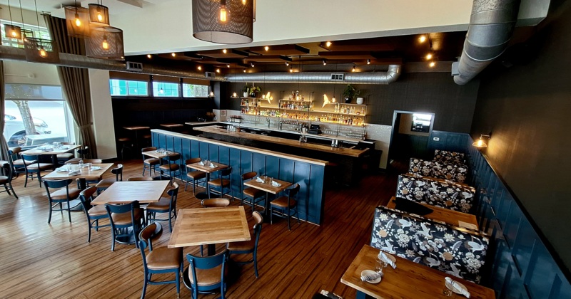 Aerial view of the restaurants interior, seating area, bar area