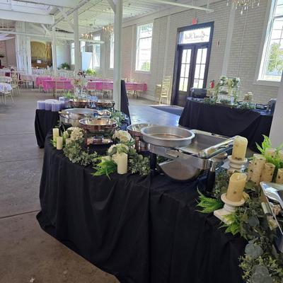 Food on an open table.