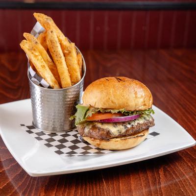 Stilton Burger with fries.