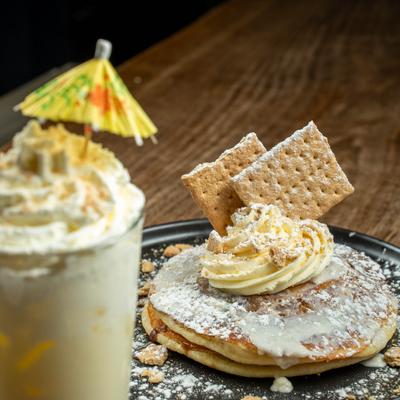 Cinnamon roll pancakes and pina colada.