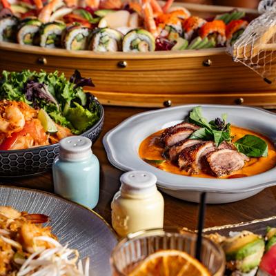 Various dishes on a table.