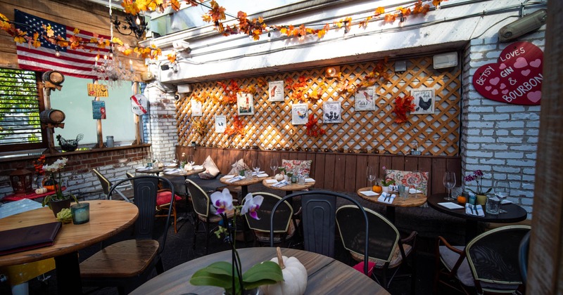 Rooftop seating area, tables and decor