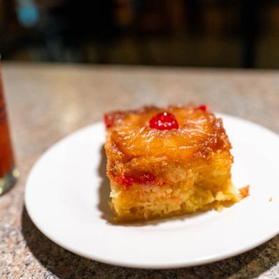 A slice of pineapple upside down cake.