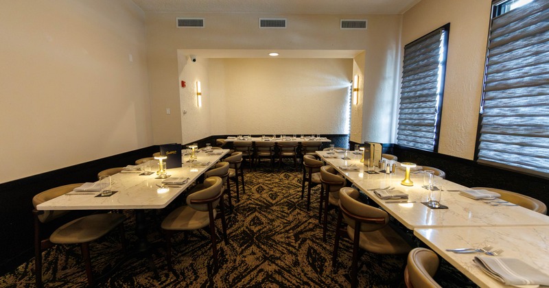 Interior, dining area with tables near window