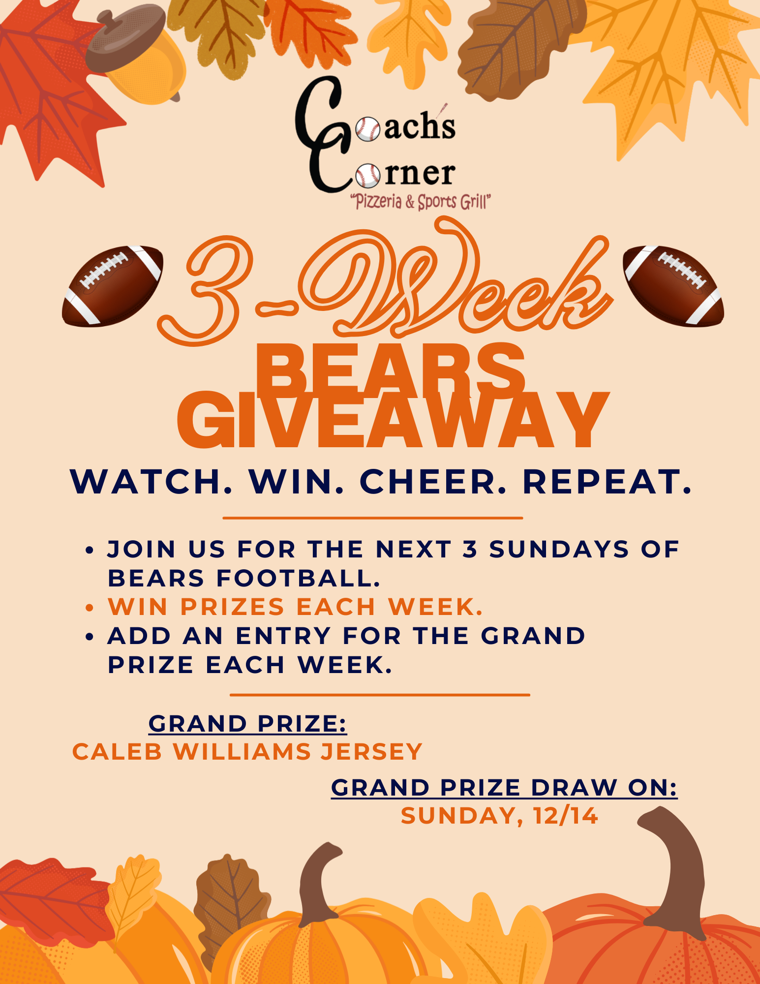 3 Week Bears Giveaway Flyer - Join us for the next 3 Sunday Bears games and ask our Team for more information