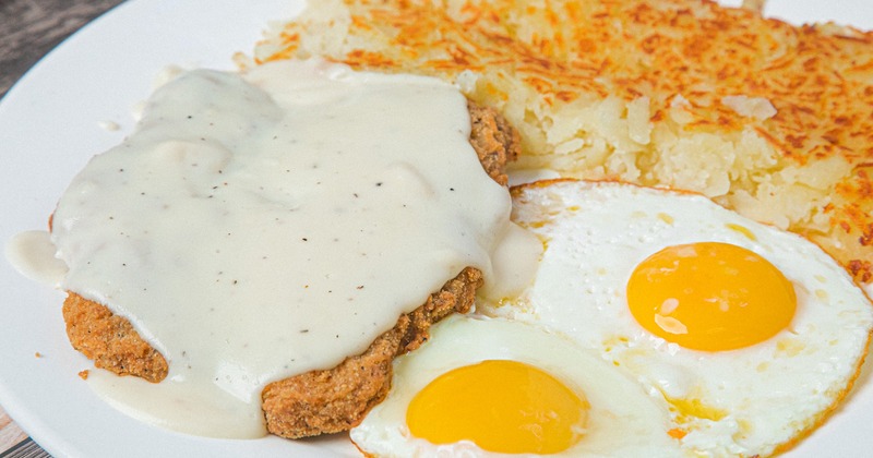 Country Fried Steak and Eggs, with hashbrowns