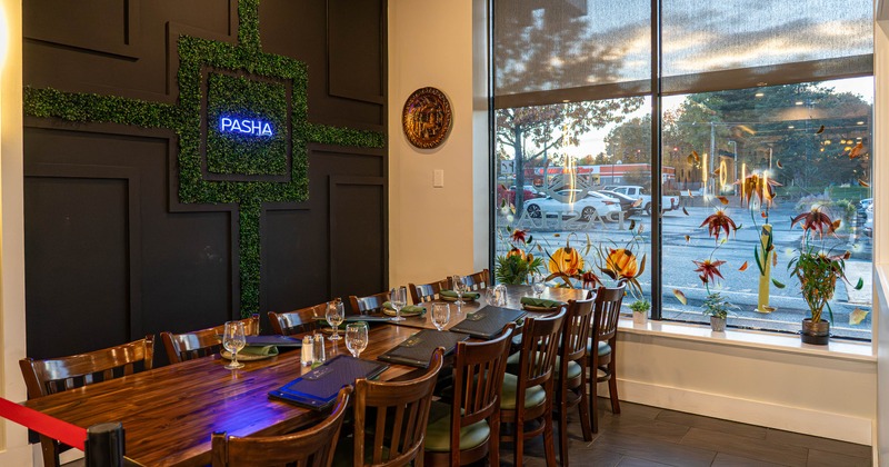 Interior, table for twelve with glasses and tableware