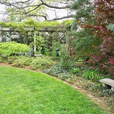 Garden with a vine-covered pergola.